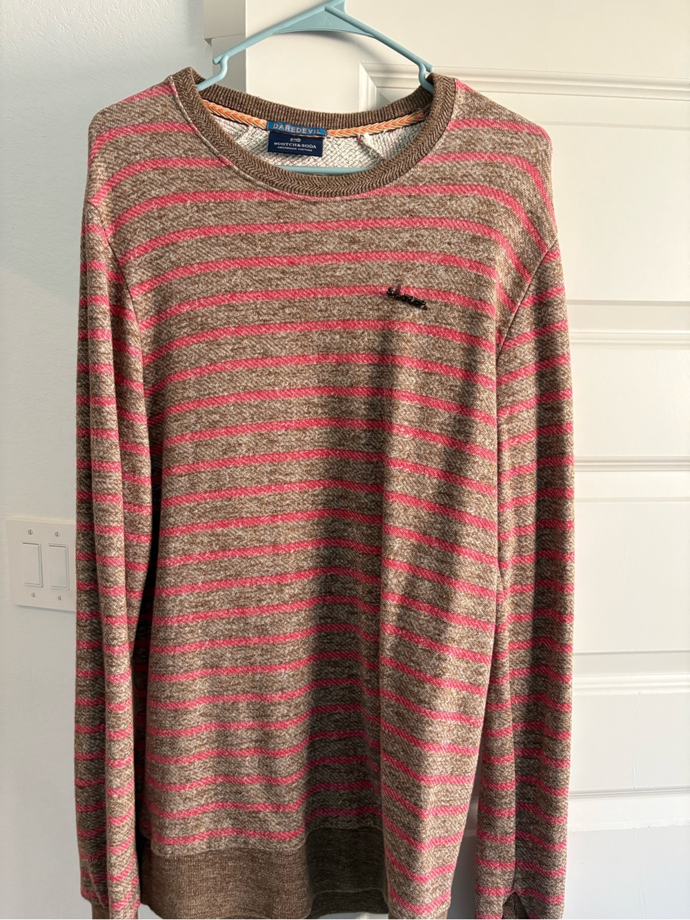 Scotch & Soda Men's Brown/Pink Striped Crewneck Knit Logo Sweater Pullover L